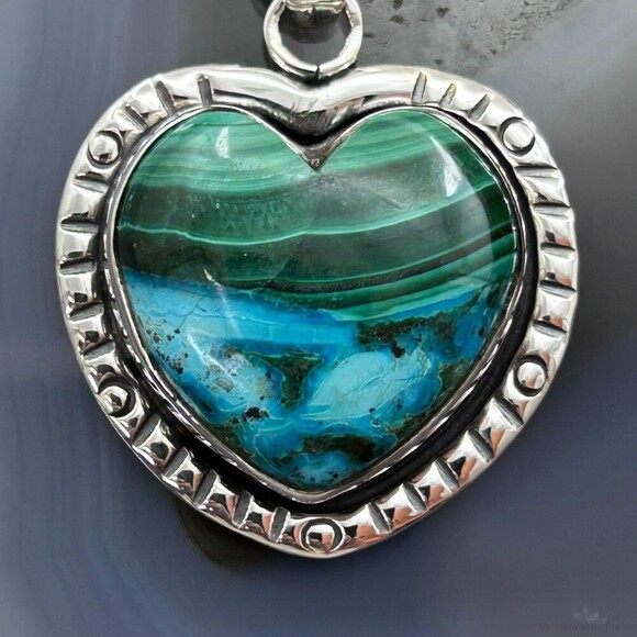 Sterling Silver Southwestern Style Azurite Malachite Heart Pendant For Women - Picture 6 of 10